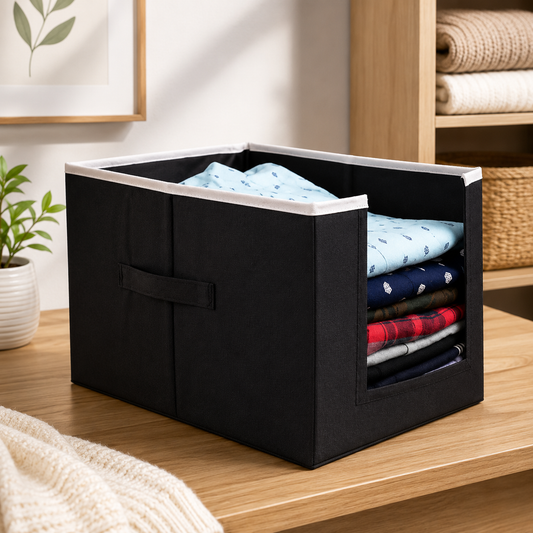 Zealcy FoldSmart Shirt Stacker on a desk with folded shirts